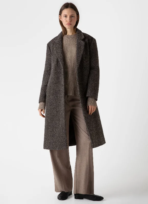 Women’s stylish coats for evening outings -Women's British Wool Coat in Brown Herringbone