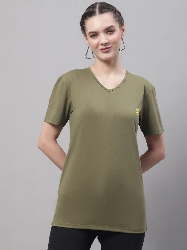 Women’s mesh sleeve tops for modern look -Vimal Jonney V Neck Cotton Solid Olive T-Shirt for Women