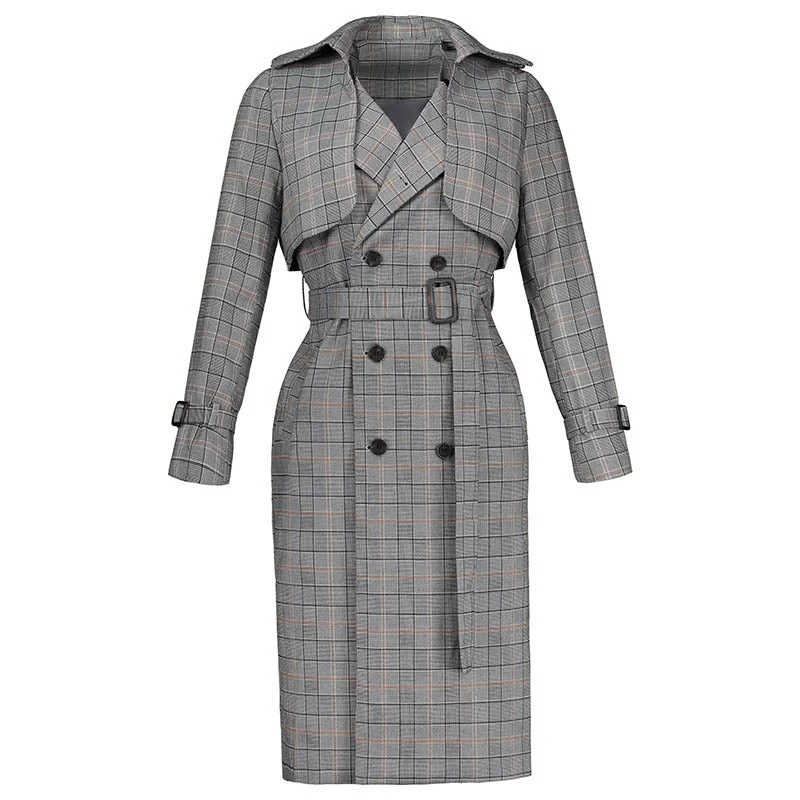 Women’s trench coats for classic fashion -Woman England Style Autumn Long Trench Coats 2018 Female Plaid Turn-Down Collar Sashes Gray Color Long Trench Coats For Woman