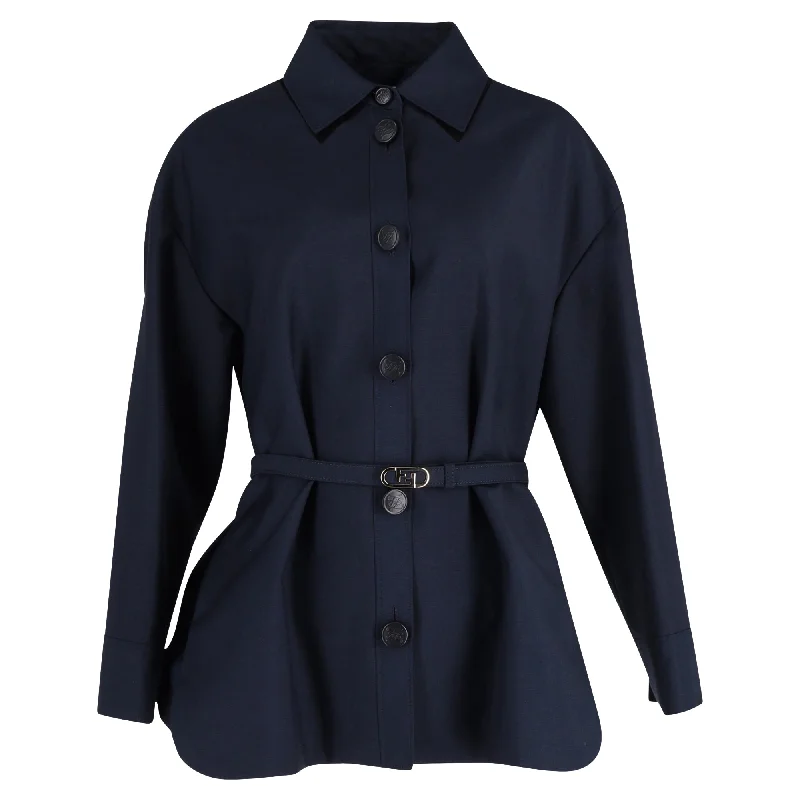 Women’s belted trench coats for feminine style -Fendi Woven Oversized Jacket with FF Belt in Navy Blue Wool