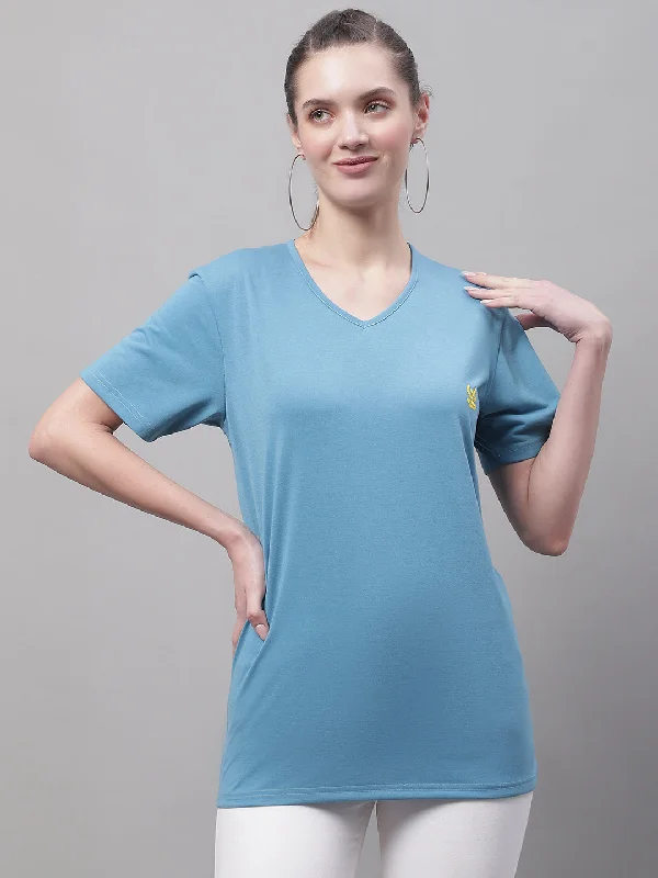 Women’s satin camisole tops for silky comfort -Vimal Jonney V Neck Cotton Solid Blue T-Shirt for Women