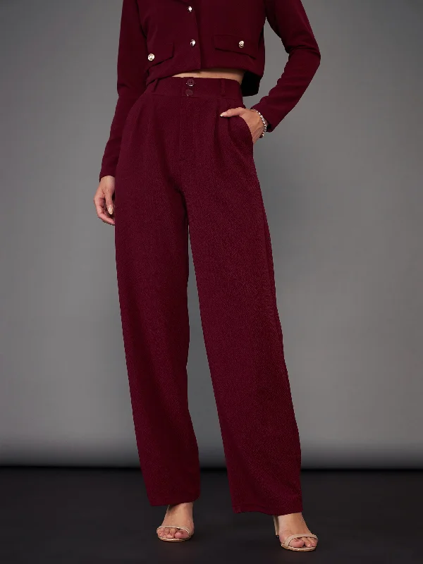 Women’s sequin pants for glamorous style -Women Burgundy Pleated Straight Pants