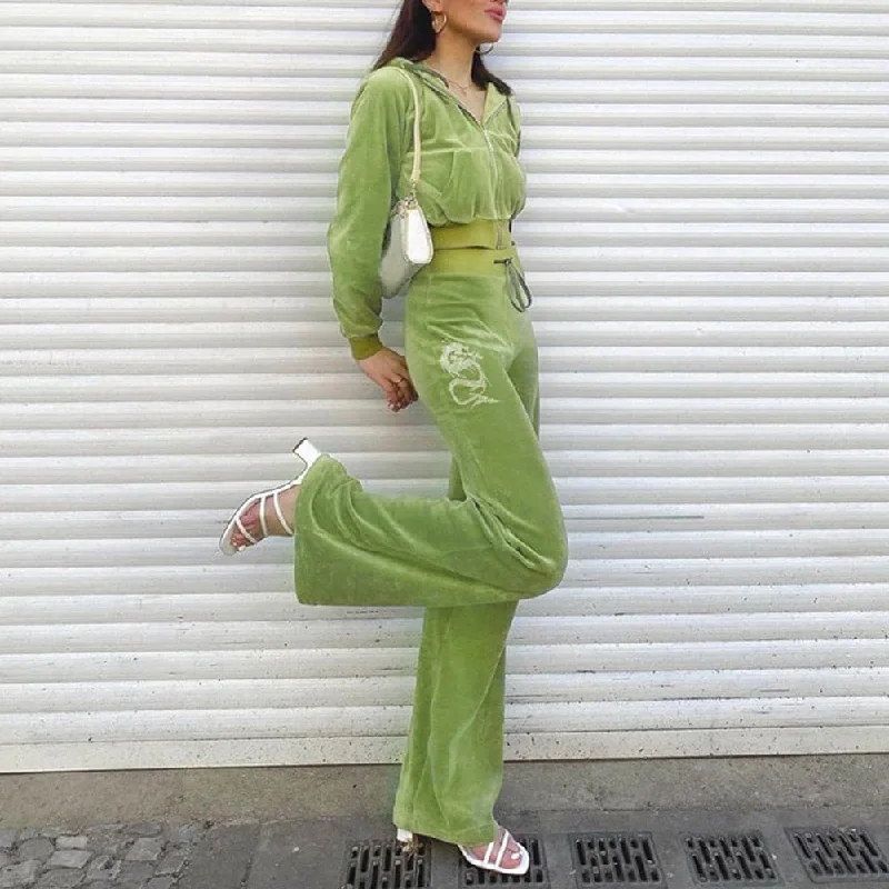 Women’s knitted pants for cozy feel -DressBetty - Harajuku Green Velvet Casual Baggy WideLeg Pants