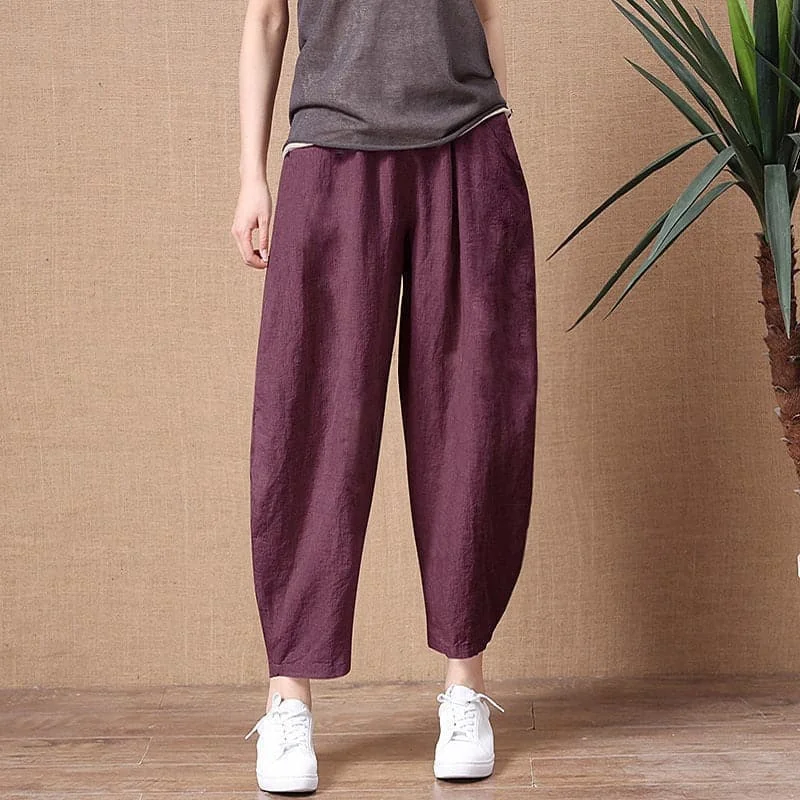 Women’s pleated pants for sophisticated look -DressBetty - ShiMai Women's Cotton Linen Pants Elastic Waist Vintage Trousers Lady Loose Casual Pants S-2XL Retro Literary Cotton Trousers