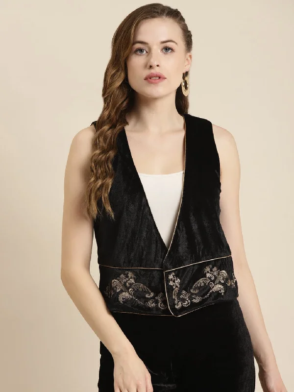 Women’s quilted coats for modern look -Black Embroidered Velvet Waistcoat