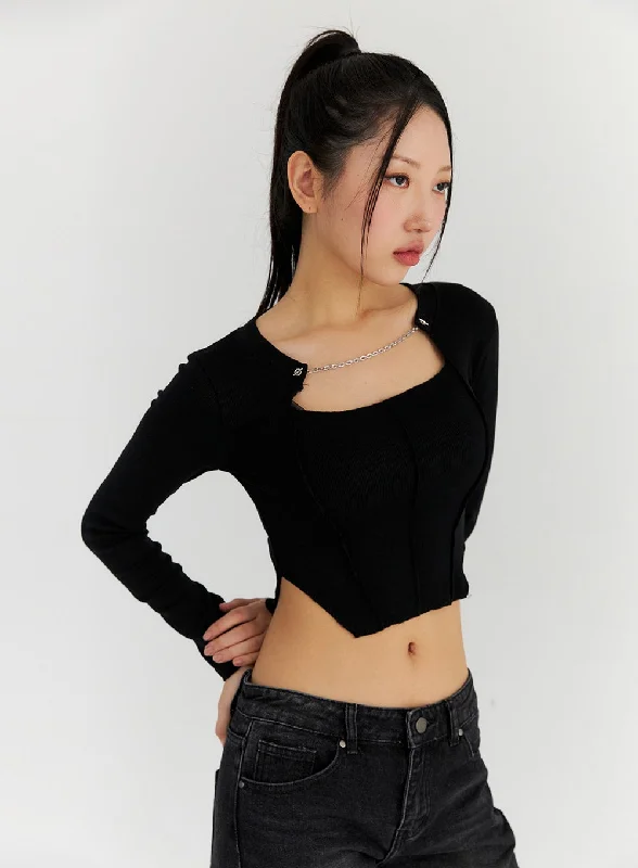 Women’s oversized tops for relaxed fit -Chain Neck Cut-Out Crop Tee CN315