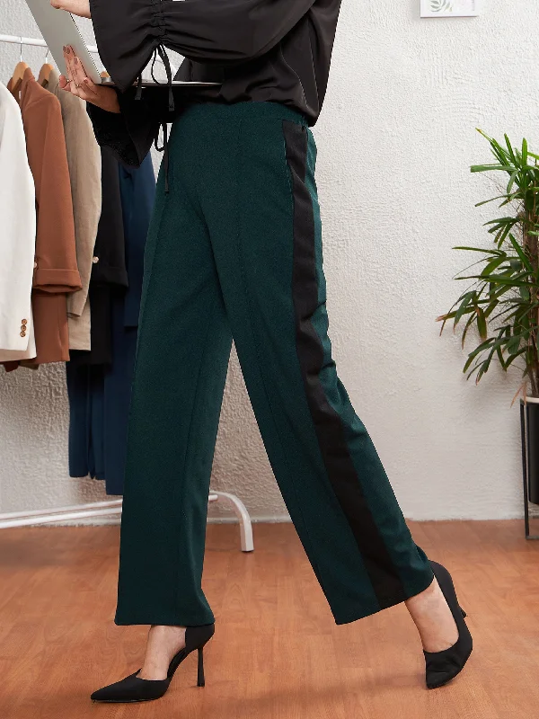 Women’s denim joggers for comfortable style -Women Emerald Green Side Tape Straight Pants