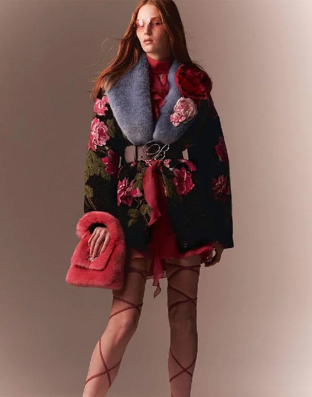 Women’s floral jackets for spring style -Removeable Faux Fur Collar Knit Coat