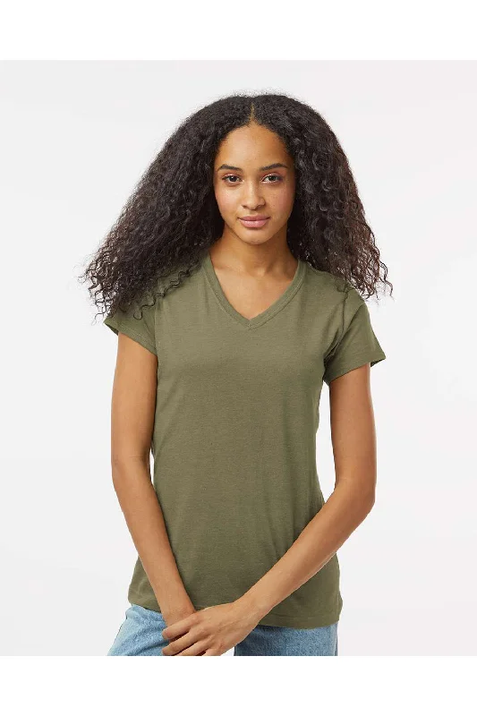 Women’s fleece tops for cozy winter days -Kastlfel Womens Recycled Soft Short Sleeve V-Neck T-Shirt - Moss Green