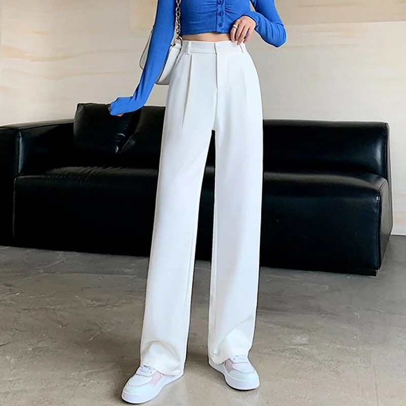 Women’s flared pants for vintage-inspired fashion -DressBetty - Women High Waist Floor-Length Suits Pants Autumn Winter White Loose Wide Leg Pants Female Office Ladies Straight Long Trousers