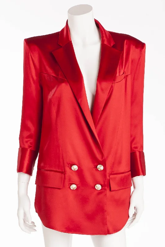 Women’s vintage leather jackets for timeless style -Balmain - New with Tags Red Silk Blazer with Gold Buttons - FR 40