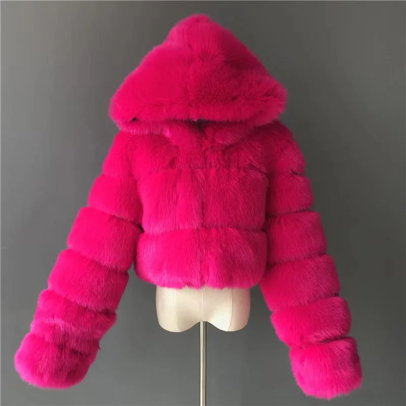 Women’s zippered fleece jackets for warmth -Cropped  Winter Coat Jacket Women Faux Fox Fur Coat with Hood Fashion Short Style Fake Fur Coat for Lady