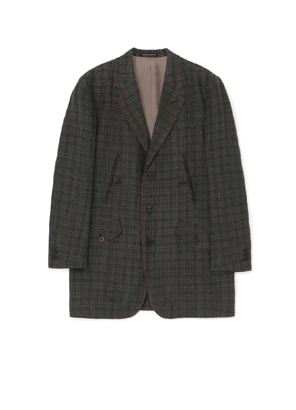 Women’s long coats for full coverage -LINEN TWILL PLAID 4-POCKET JACKET WITH RED STITCHING