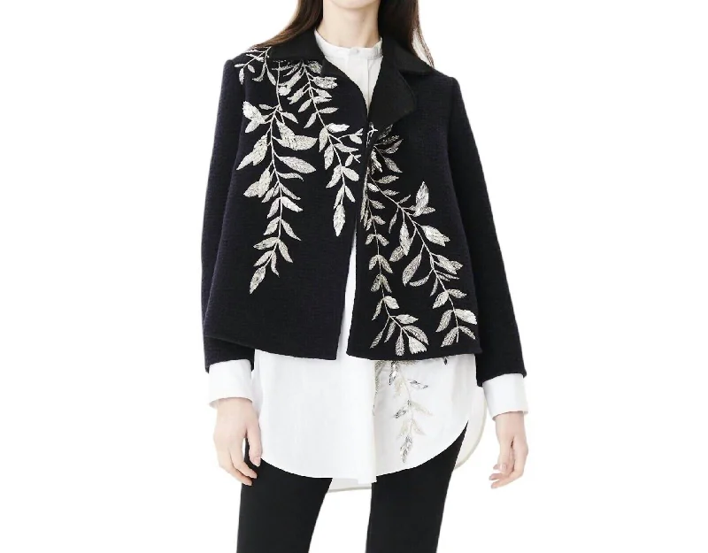 Women’s quilted coats for modern look -Beaded Embroidery Open Front Wool Blazer In Black