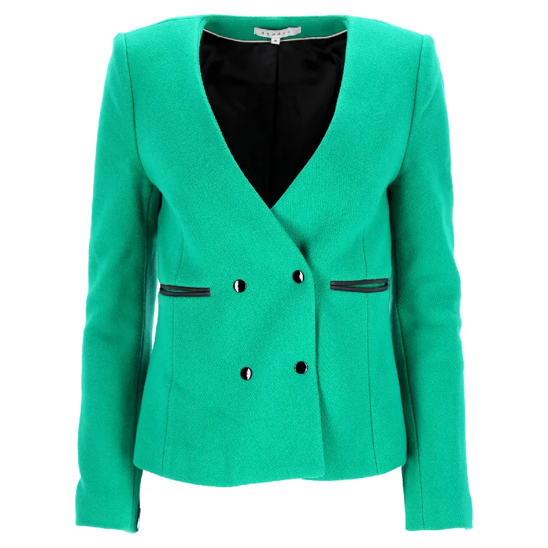 Women’s quilted coats for modern look -Sandro Paris Double-Breasted Blazer with Pockets in Green Wool