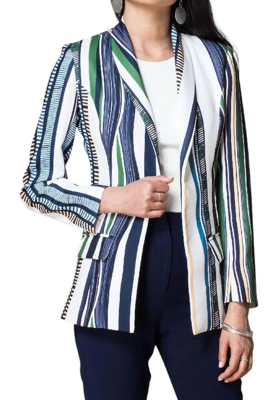 Women’s parka jackets with fur hood for extra warmth -Uva Colored Striped Blazer In Green/white/navy