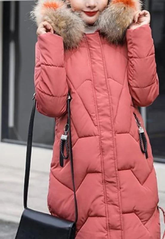 Women’s hooded jackets for casual comfort -Womens Casual Puffer Coat with Faux Fur Hood in Pink