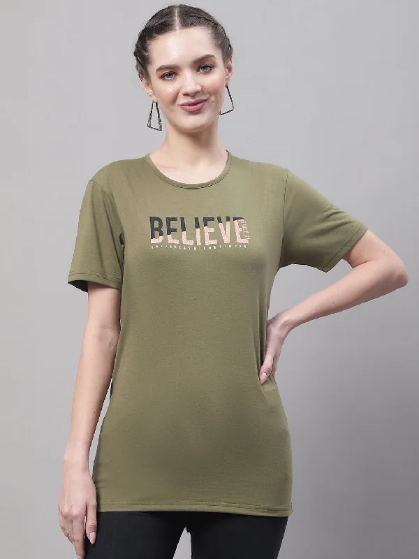 Women’s wraparound blouses for fashionable flair -Vimal Jonney Round Neck Cotton Printed Olive T-Shirt for Women