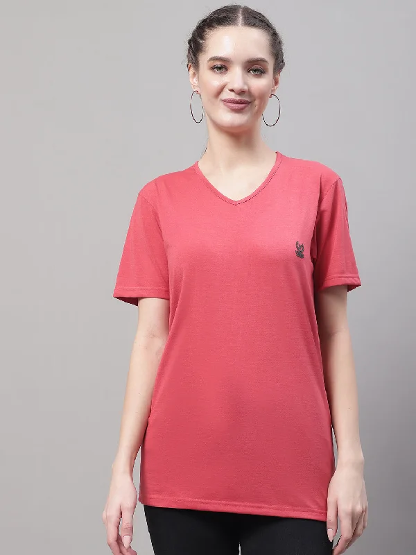 Women’s fleece-lined tops for extra warmth -Vimal Jonney V Neck Cotton Solid Pink T-Shirt for Women