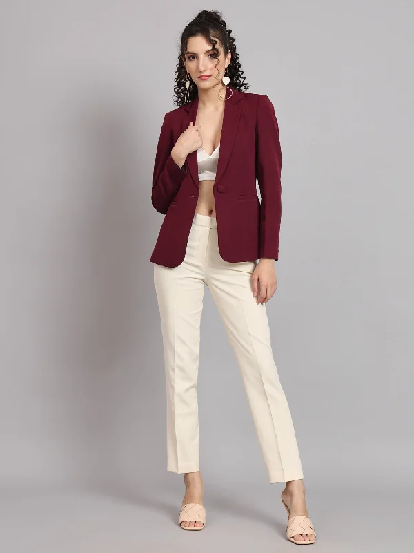 Women’s plaid blazer jackets for polished look -Notched Collar Polyester Blazer - Maroon