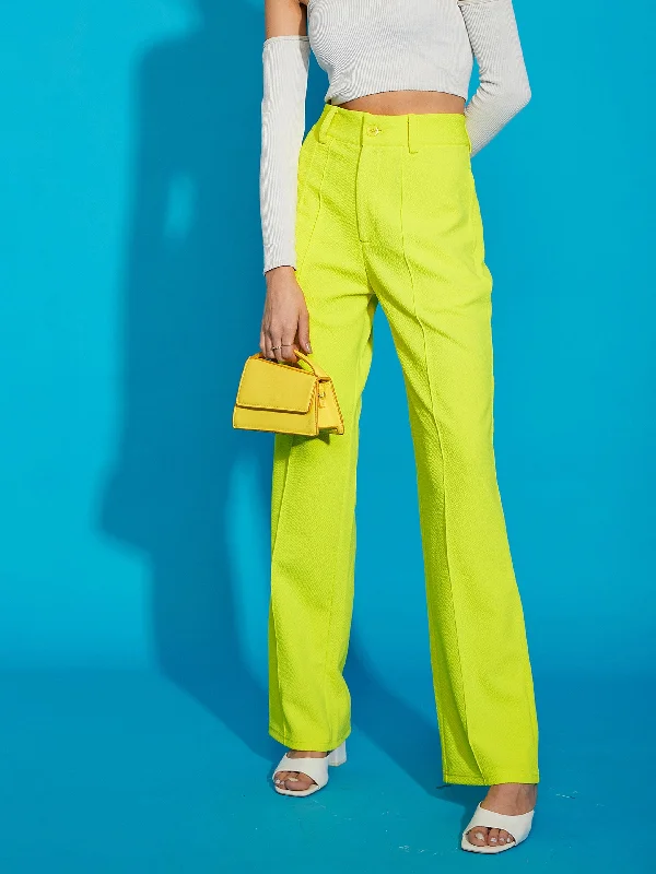 Women’s pleated pants for sophisticated look -Women Neon Yellow Knitted Front Darted Pants