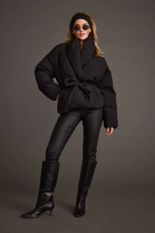 Women’s shearling vests for chic layering -Maverick Black Belted Puffer Coat