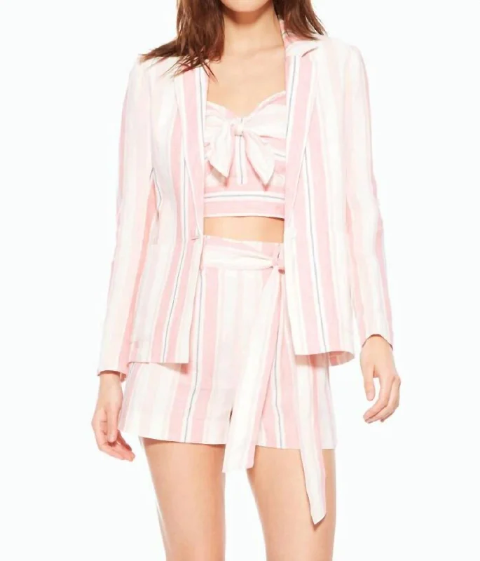 Women’s bomber jackets for casual chic -Daren Candy Striped Linen Blazer Jacket In Pink