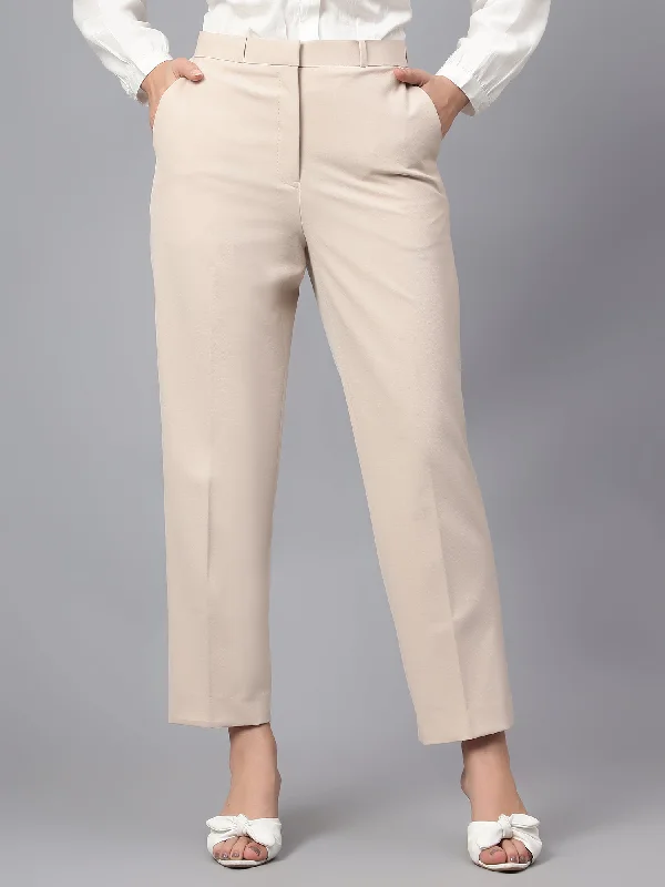 Women’s chic wide-leg trousers for professional look -Women's Formal Flat Front Beige Full length High rise Trousers