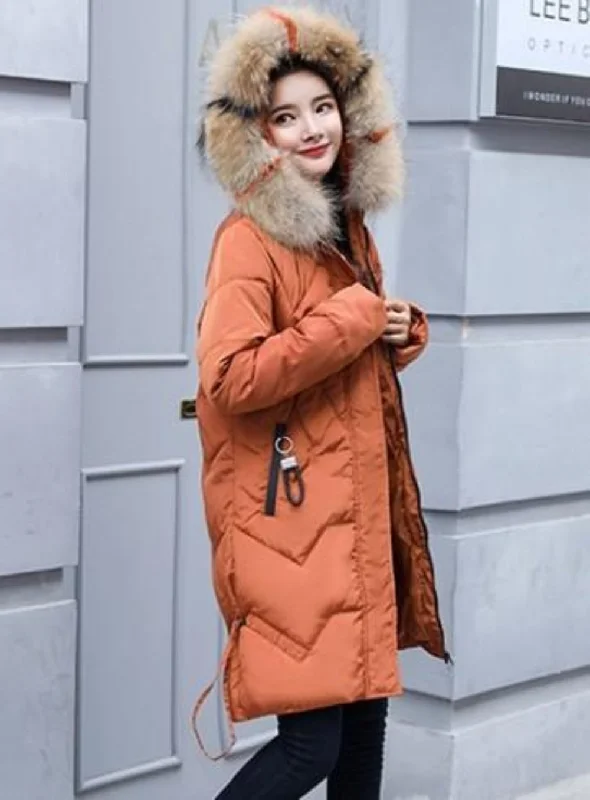 Women’s utility jackets for functional fashion -Womens Casual Puffer Coat with Faux Fur Hood in Caramel Brown