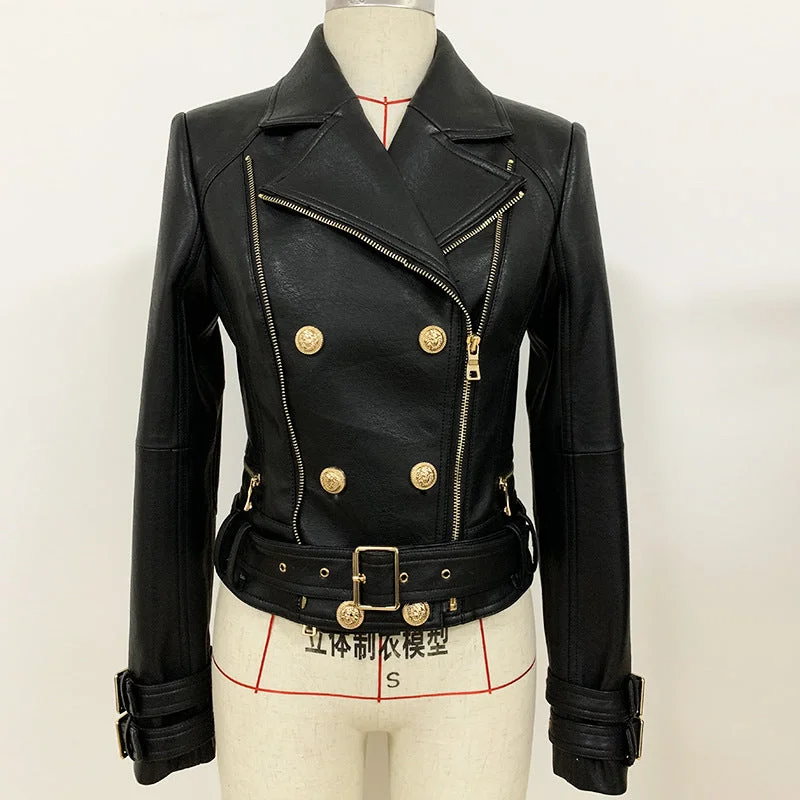 Women’s vintage leather jackets for timeless style -European And American New Style 2022 Spring Women's Jacket Fashion Slim Double Zipper Motorcycle Leather Jacket