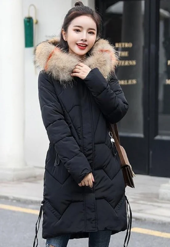 Women’s fur coats for winter glam -Womens Classic Black Casual Puffer Coat with Faux Fur Hood