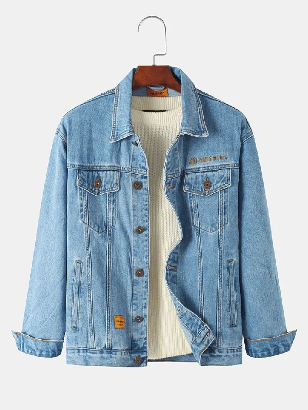 Women’s rainproof jackets for unpredictable weather -Men Vintage Multi Pocket Lapel Long Sleeve Blue Denim Jacket