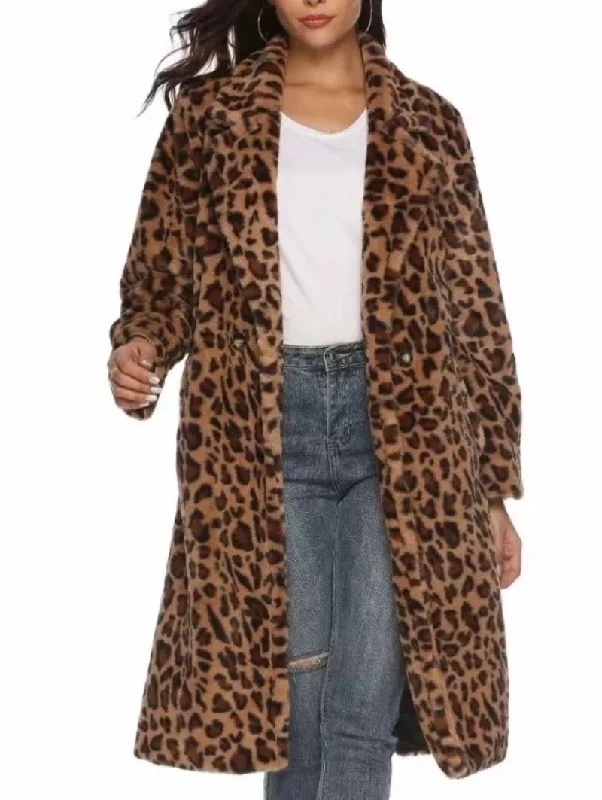 Women’s rain jackets for wet weather protection -Womens Mid Length Leopard Print Coat