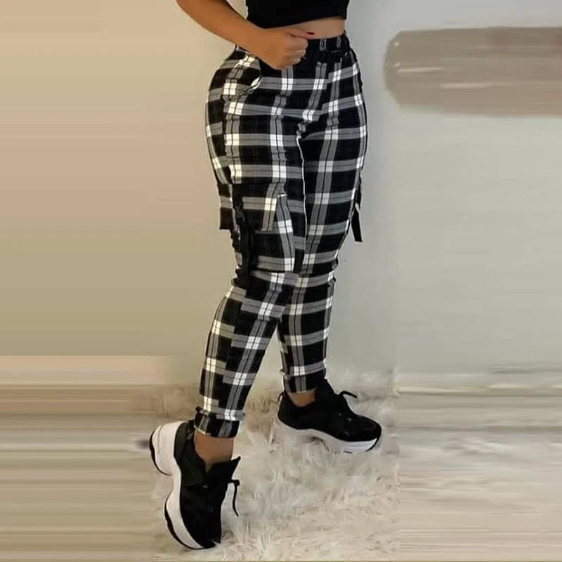 Women’s leather pants for edgy fashion -DressBetty - Women Fashion Casual Plaid Print Pants