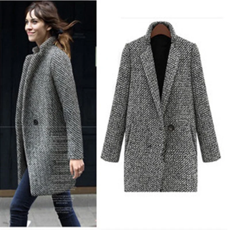 Women’s cargo jackets for utilitarian style -2017 Winter Coat Women Houndstooth Cotton Blend Coat Single Button Pocket Oversize Long Trench Coat Outerwear Woolen Coat Woman