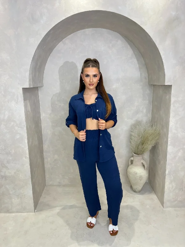 Women’s denim tops for casual chic style -Navy Santorini Rolled Sleeve Shirt