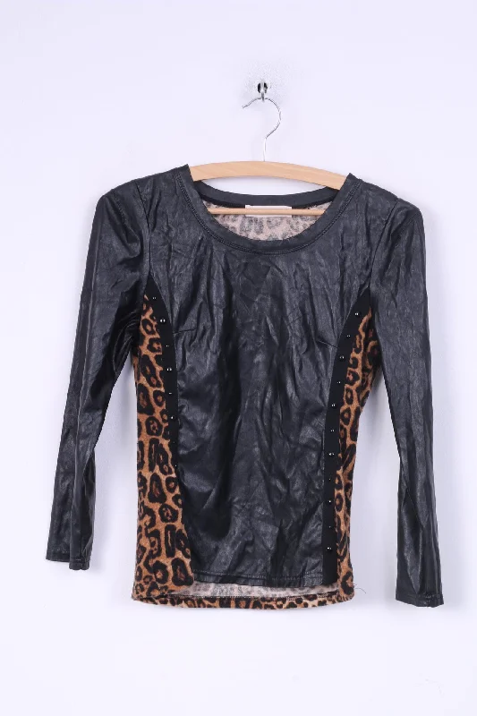 Women’s lace tops for feminine style -Giorgia Womens S Shirt Black Animal Leopard Print Imitation Leather Party