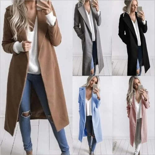 Women’s fleece jackets for cozy warmth -Fashion Women Winter Warm Wool Lapel Trench Coat Slim Outwear Overcoat