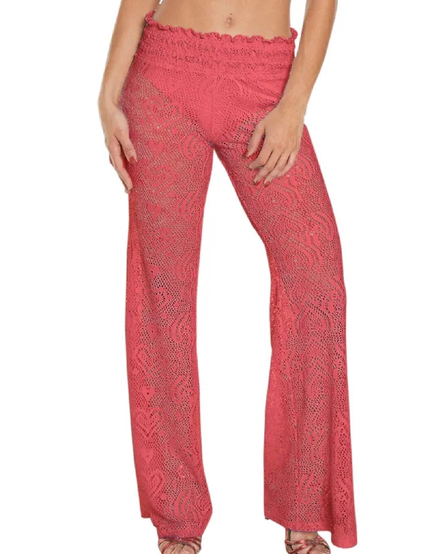 Women’s wide-leg linen pants for warm-weather style -Heart Crochet Smocked Beach Pants In Coral