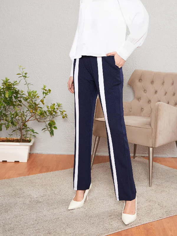 Women’s fleece-lined pants for winter warmth -Women Navy Front Tape Bootleg Pants