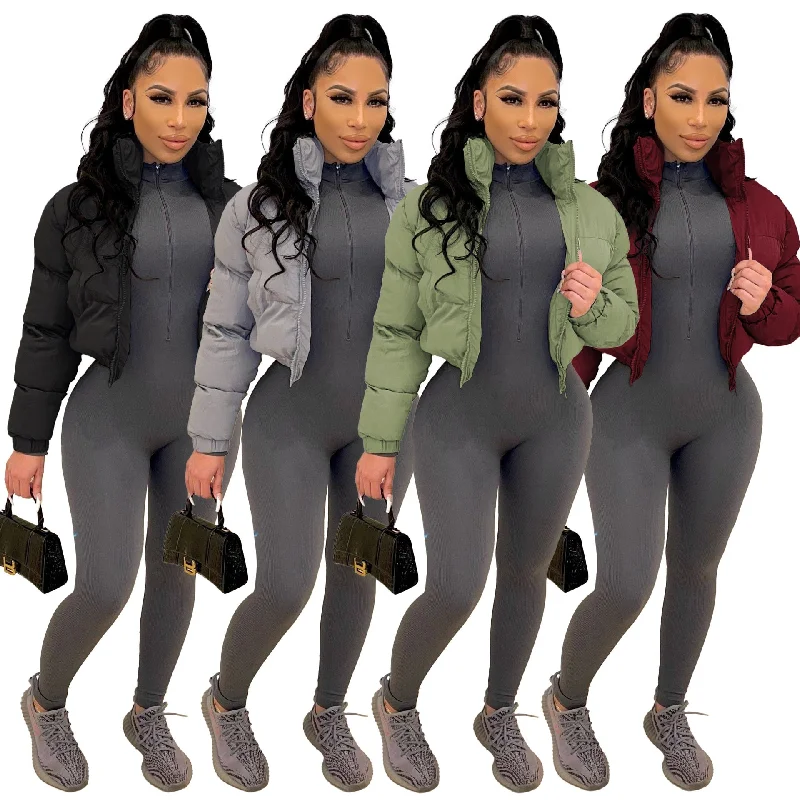 Women’s wool-blend jackets for cozy warmth -Wholesale Coats Solid Color Long Sleeve Zipper Jacket Clothes Puffer Bubble Coats For Ladies Winter Breaker Jacket