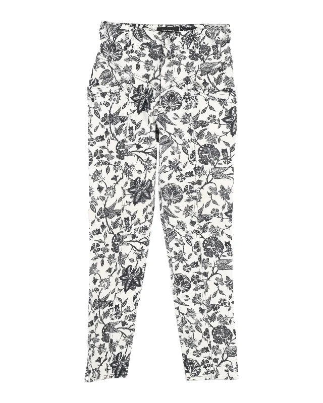 Women’s plaid pants for preppy fashion -Isabel Marant Lorrick Cropped Floral-Print Jeans in White Cotton