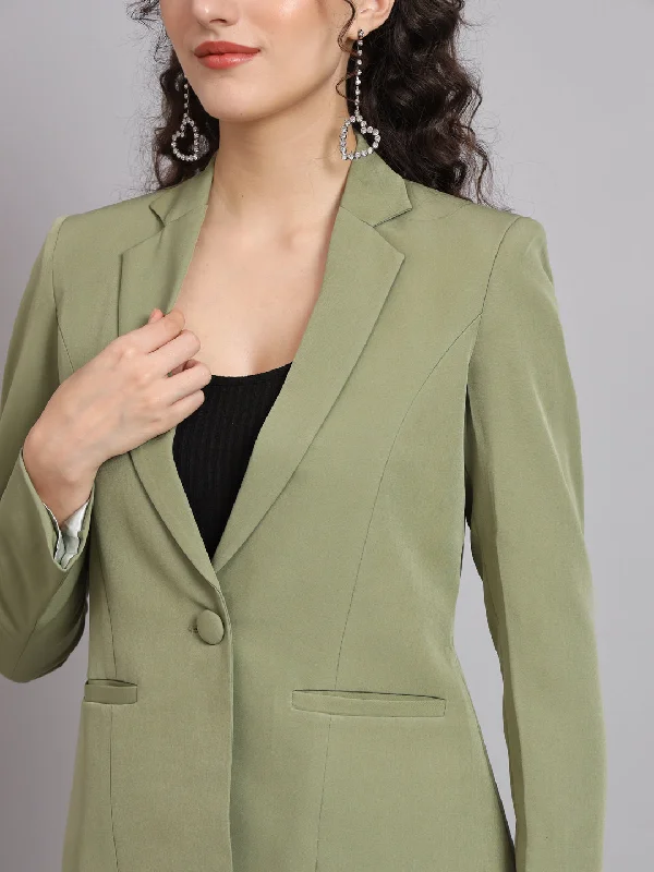 Women’s wool-blend jackets for cozy warmth -Notched Collar Polyester Blazer - Olive Green