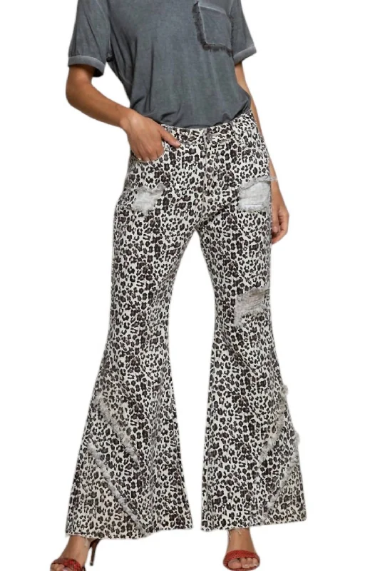 Women’s tie-front pants for stylish detail -Leopard Print Pants In Vintage Ivory