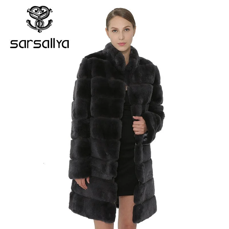 Women’s satin jackets for evening events -SARSALLYA Rex Rabbit Fur Women Coat  Detachable Overcoat Jacket Warm Winter Women Clothing Natural Fur Female Coat Jacket