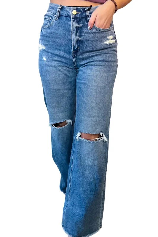 Women’s fit-and-flare pants for flattering silhouette -Becca Wide Leg Distressed Denim Jean In Blue