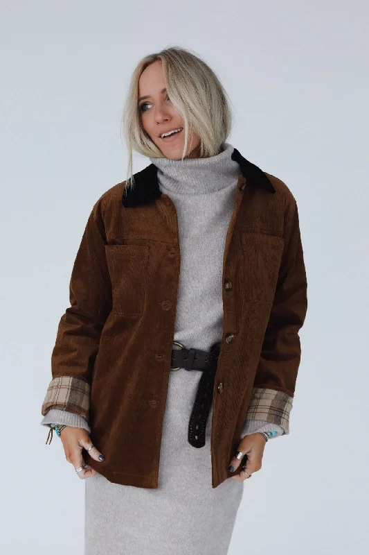 Women’s sleeveless jackets for summer layering -Leni Plaid Corduroy Coat - Camel