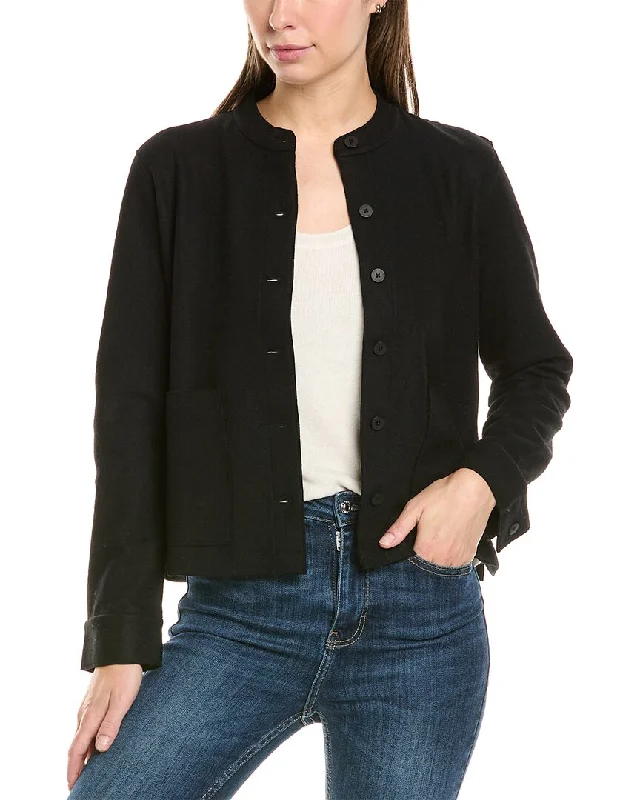 Women’s formal coat jackets for business attire -EILEEN FISHER Petite Mandarin Collar Wool Jacket