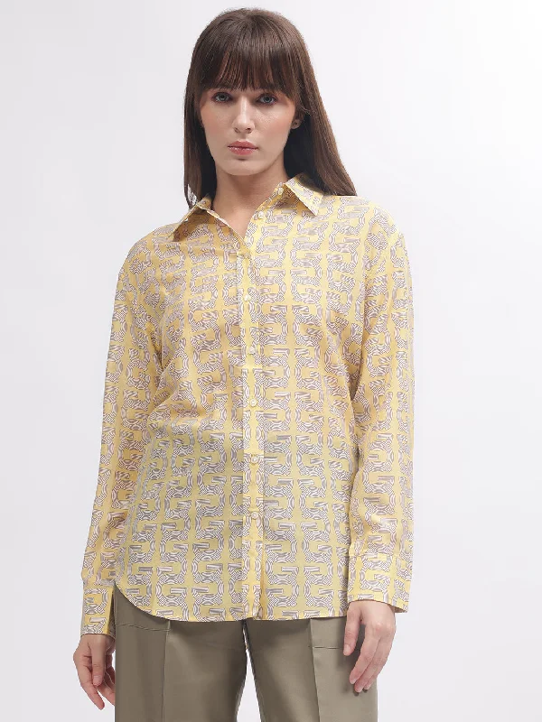 Women’s boatneck tops for casual elegance -Gant Women Yellow Printed Spread Collar Full Sleeves Shirt