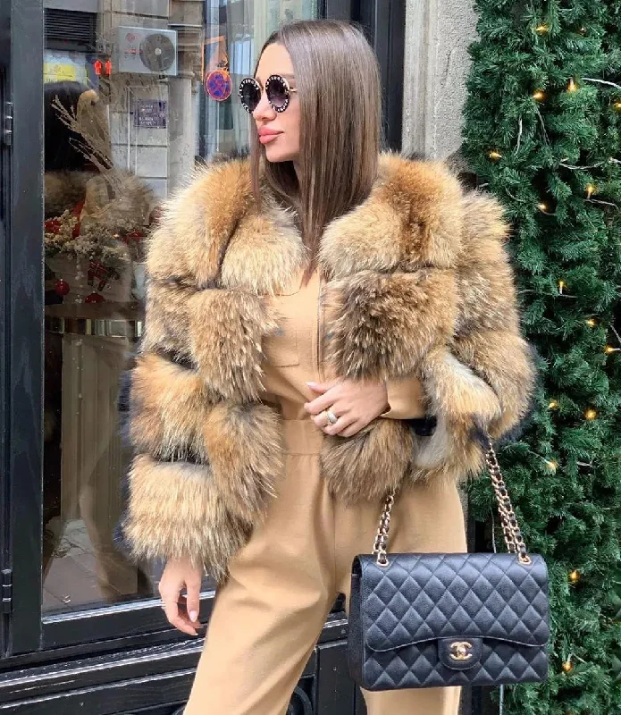 Women’s trench coats for formal occasions -Black Friday Sale QIUCHEN- QC1884 2021 HOT SALE Winter Wram Cropped Multicolor Real Fox Raccoon Fur Coat Women